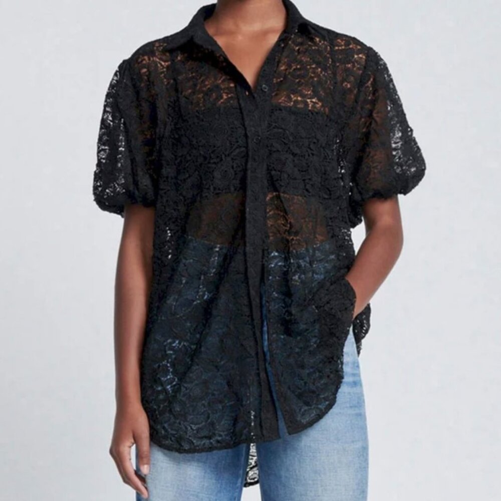 7 FOR ALL MANKIND  Puff Sleeve Lace Button-Up Tunic- Sheer floral Lace Sz S NWT